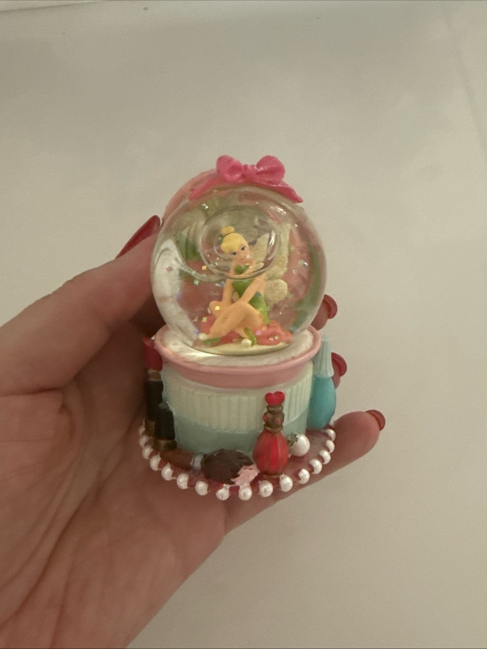 Disney Tinker Bell Figurine Snow Globe with Pink Bow and Green Dress
